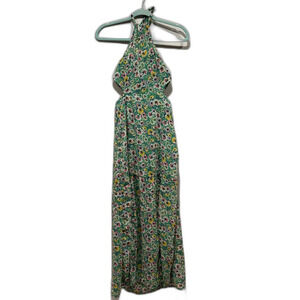 H&M Maxi Dress Halter High Neck Green Floral Open Back Cutouts Beach Womens XS
